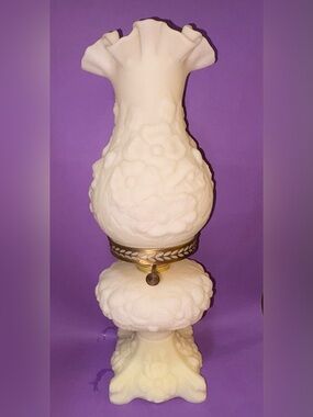 Rare HTF Antique Fenton Poppy Oil Lamp Satin Custard GLOWS